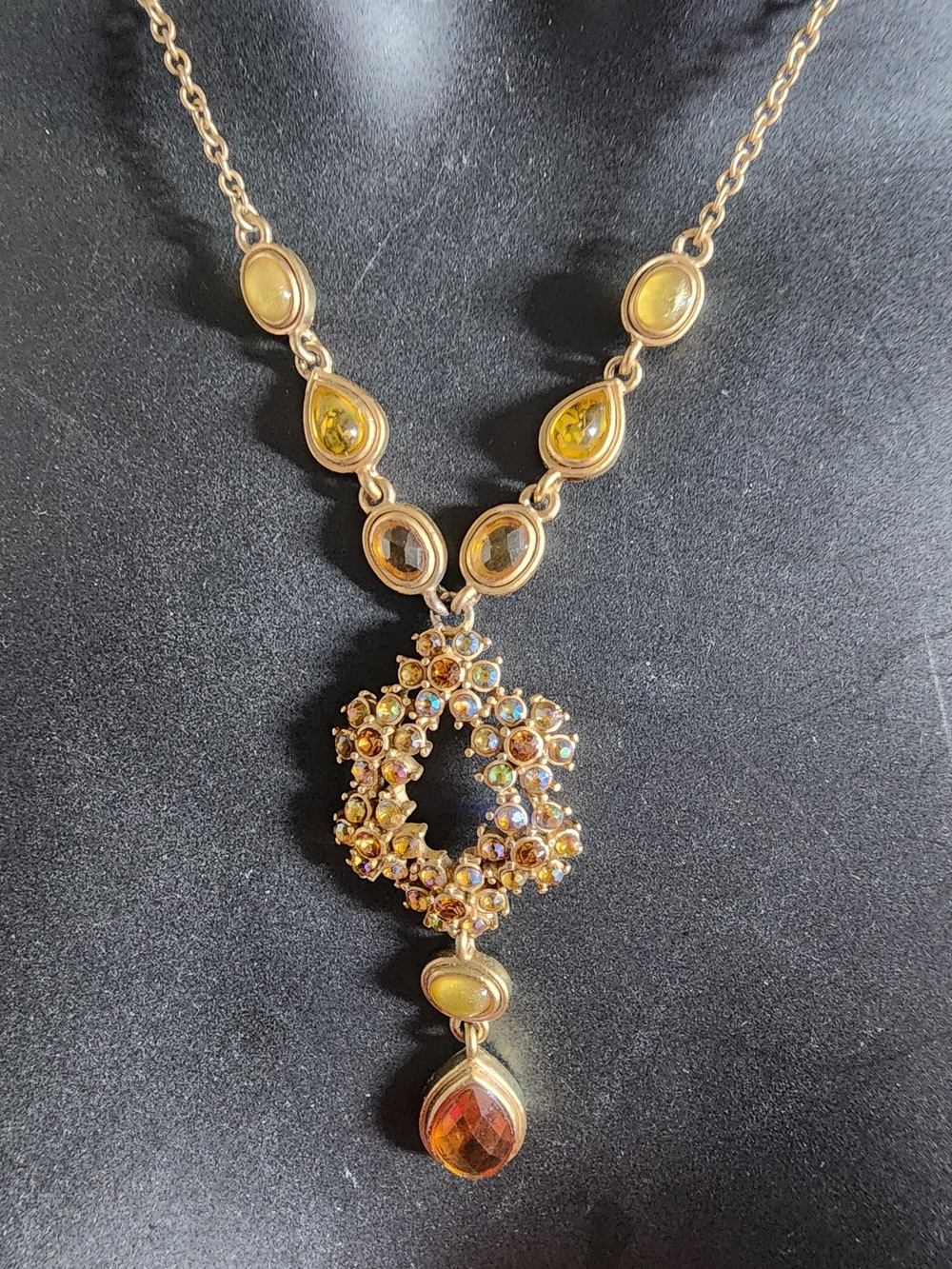 Vintage AJ Favre Amber Topaz Rhinestone Y Drop Statement Necklace Gold Tone